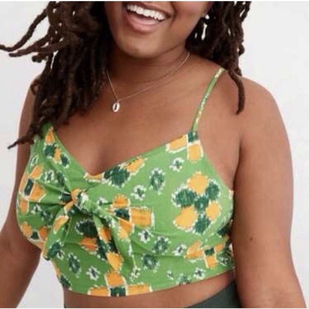 Green floral tie front crop top